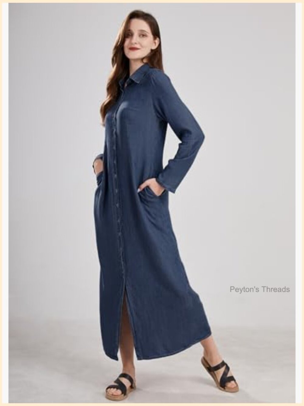 Womens Casual Button Down Denim Maxi Dress Long Sleeve with Pockets - Picture 3 of 7